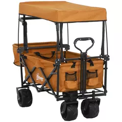 Outsunny 120L Festival Trolley on Wheels, Folding Camping Trolley Cart with Removable Canopy, All-Terrain Wheels, Adjustable Handle, Push or Pull for Garden Beach Fishing Shopping, Orange - 1