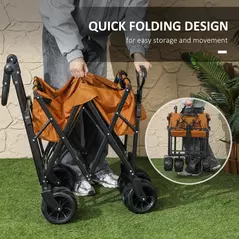 Outsunny 120L Festival Trolley on Wheels, Folding Camping Trolley Cart with Removable Canopy, All-Terrain Wheels, Adjustable Handle, Push or Pull for Garden Beach Fishing Shopping, Orange - 4