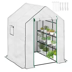 Outsunny 143 x 140cm Walk-In Greenhouse, with Accessories - White - 1