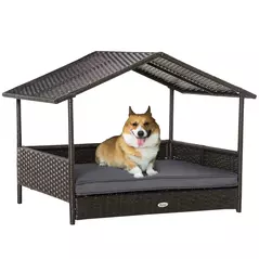 PawHut Wicker Dog Bed, Elevated Rattan Dog House with Removable Cushion and Canopy, for Small and Medium Dogs, 98 x 69 x 70cm - Grey - 1