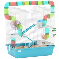 PawHut 4 Tier Hamster Cage w/ Tubes, Exercise Wheel, Hut, Water Bottle, Food Dish, Ramps, for Dwarf Hamster, Light Blue - 1