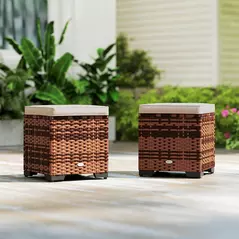 Outsunny Set of 2 Rattan Storage Ottoman, Outdoor Footstool with Removable Cushions, Garden Storage Seat for Balcony, Porch, Living Room, Beige - 8