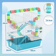 PawHut 4 Tier Hamster Cage w/ Tubes, Exercise Wheel, Hut, Water Bottle, Food Dish, Ramps, for Dwarf Hamster, Light Blue - 3