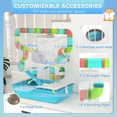 PawHut 4 Tier Hamster Cage w/ Tubes, Exercise Wheel, Hut, Water Bottle, Food Dish, Ramps, for Dwarf Hamster, Light Blue - 6