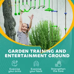 AIYAPLAY Obstacle course for Kids, with 10-Piece Slackline Kit with Monkey Bars, Gym Rings, Rope Ladder, Nest Swing, Hanging Tray - 6