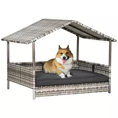 PawHut Wicker Dog House, Rattan Pet Bed, with Removable Cushion, Canopy, for Small and Medium Dogs - Dark Grey - 1