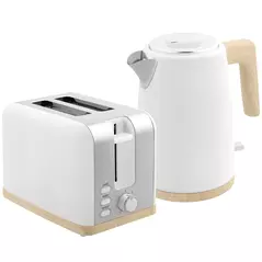 HOMCOM Stainless Steel Kettle and Toaster Set, 1.7L 3000W Fast Boil Kettle & 2 Slice Toaster Kitchen Set with 7 Level Browning Controls, Defrost, Reheat, Auto Off, Boil-dry Protection, White - 1