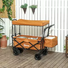 Outsunny 120L Festival Trolley on Wheels, Folding Camping Trolley Cart with Removable Canopy, All-Terrain Wheels, Adjustable Handle, Push or Pull for Garden Beach Fishing Shopping, Orange - 2