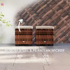 Outsunny Set of 2 Rattan Storage Ottoman, Outdoor Footstool with Removable Cushions, Garden Storage Seat for Balcony, Porch, Living Room, Beige - 6