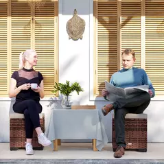 Outsunny Set of 2 Rattan Storage Ottoman, Outdoor Footstool with Removable Cushions, Garden Storage Seat for Balcony, Porch, Living Room, Beige - 2