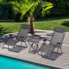 Outsunny 3pcs Folding Zero Gravity Chairs Sun Lounger Table Set w/ Cup Holders Reclining Garden Yard Pool, Light Grey - 2