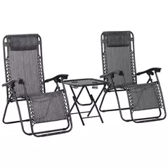 Outsunny 3pcs Folding Zero Gravity Chairs Sun Lounger Table Set w/ Cup Holders Reclining Garden Yard Pool, Light Grey - 1