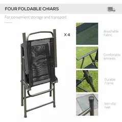 Outsunny 6 Piece Garden Dining Set with Umbrella, Patio Sets with Parasol with 4 Folding Dining Chairs & Round Tempered Glass Table, Black - 7