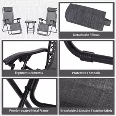 Outsunny 3pcs Folding Zero Gravity Chairs Sun Lounger Table Set w/ Cup Holders Reclining Garden Yard Pool, Light Grey - 7