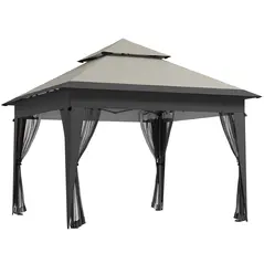 Outsunny 3 x 3(m) Pop Up Gazebo with Mosquito Netting, 1 Person Easy up Marquee Party Tent with 1-Button Push, Double Roof, Carry Bag, Sandbags, Height Adjustable Instant Shelter, Grey - 1