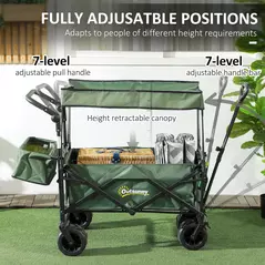 Outsunny Folding Trolley Cart Storage Wagon Beach Trailer 4 Wheels with Handle Overhead Canopy Cart Push Pull for Camping, Green - 5