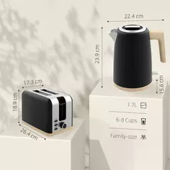 HOMCOM Stainless Steel Kettle and Toaster Set, 1.7L 3000W Fast Boil Kettle & 2 Slice Toaster Kitchen Set with 7 Level Browning Controls, Defrost, Reheat, Auto Off, Boil-dry Protection, Black - 3