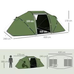 Outsunny 4-6 Man Camping Tent with Living Area and 2 Bedrooms, Hiking Sun Shelter, UV Protection Tunnel Tent, Dark Green - 3