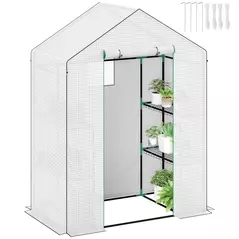 Outsunny 143 x 74cm Walk-In Greenhouse, with Shelves - White - 1