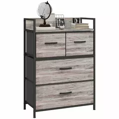 HOMCOM Rustic Chest of Four Fabric Drawers - Grey Wood Effect - 1