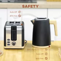 HOMCOM Stainless Steel Kettle and Toaster Set, 1.7L 3000W Fast Boil Kettle & 2 Slice Toaster Kitchen Set with 7 Level Browning Controls, Defrost, Reheat, Auto Off, Boil-dry Protection, Black - 7