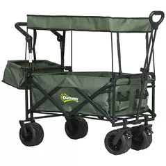 Outsunny Folding Trolley Cart Storage Wagon Beach Trailer 4 Wheels with Handle Overhead Canopy Cart Push Pull for Camping, Green - 1