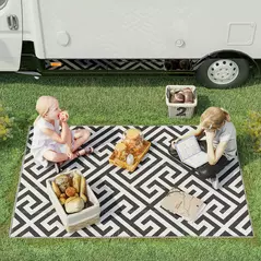 Outsunny Outdoor Rug Reversible Mat Plastic Straw Rug Portable RV Camping Mat for Garden Deck Picnic Indoor, 121 x 182 cm (4 x 6 ft), Black & White - 2