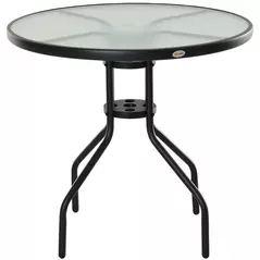 Outsunny 80 cm Round Garden Dining Table with Parasol Hole for 4, Outdoor Coffee Bistro End Side Table with Tempered Glass Top and Steel Frame for Patio, Porch, Black - 1