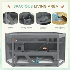 PawHut 3 Tier Wooden Large Hamster Cage with Sliding Tray, Seesaws, Water Bottle, Grey - 6