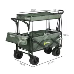 Outsunny Folding Trolley Cart Storage Wagon Beach Trailer 4 Wheels with Handle Overhead Canopy Cart Push Pull for Camping, Green - 3