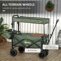 Outsunny Folding Trolley Cart Storage Wagon Beach Trailer 4 Wheels with Handle Overhead Canopy Cart Push Pull for Camping, Green - 6