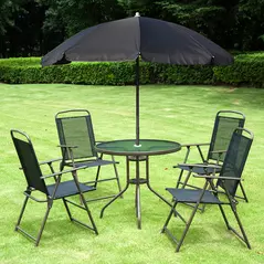 Outsunny 6 Piece Garden Dining Set with Umbrella, Patio Sets with Parasol with 4 Folding Dining Chairs & Round Tempered Glass Table, Black - 2