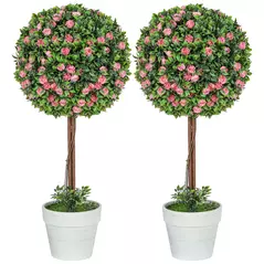 HOMCOM Set of 2 Decorative Artificial Plants, Ball Topiary Tree with Rose Flower in Pot, Fake Plants for Home Indoor Outdoor Decor, 60cm, Pink - 1