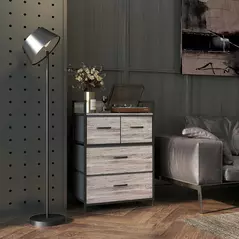 HOMCOM Rustic Chest of Four Fabric Drawers - Grey Wood Effect - 2