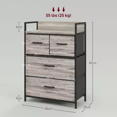 HOMCOM Rustic Chest of Four Fabric Drawers - Grey Wood Effect - 3