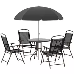 Outsunny 6 Piece Garden Dining Set with Umbrella, Patio Sets with Parasol with 4 Folding Dining Chairs & Round Tempered Glass Table, Black - 1