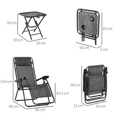 Outsunny 3pcs Folding Zero Gravity Chairs Sun Lounger Table Set w/ Cup Holders Reclining Garden Yard Pool, Light Grey - 3