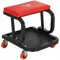 HOMCOM Workshop Stool, Rolling Machine Stool with 360° Swivel, Padded Seat, Tool Tray, Red - 1