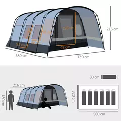 Outsunny 8-Person Camping Tent, Waterproof Family Tent, Tunnel Design, 4 Large Windows, Sleeping Cabins 3000mm Water Column Grey - 3