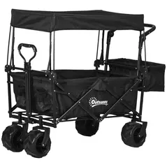 Outsunny Folding Trolley Cart Storage Wagon Beach Trailer 4 Wheels with Handle Overhead Canopy Cart Push Pull for Camping, Black - 1