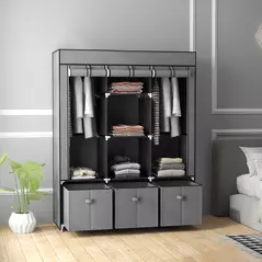 HOMCOM Fabric Wardrobe for Bedroom, Portable Wardrobe with 5 Shelves, 2 Hanging Rails and 3 Fabric Drawers, Foldable Closet, 125 x 43 x 162.5cm, Dark Grey - 2
