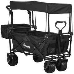 Outsunny Folding Trolley Cart Storage Wagon Beach Trailer 4 Wheels with Handle Overhead Canopy Cart Push Pull for Camping, Black - 9