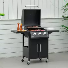 Outsunny 3 Burner Gas BBQ Grill Outdoor Portable Barbecue Trolley w/ Warming Rack, Side Shelves, Storage Cabinet, Thermometer, Carbon Steel, Black - 2