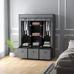 HOMCOM Fabric Wardrobe for Bedroom, Portable Wardrobe with 5 Shelves, 2 Hanging Rails and 3 Fabric Drawers, Foldable Closet, 125 x 43 x 162.5cm, Dark Grey - 7