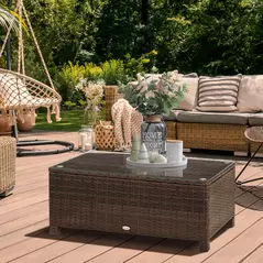 Outsunny PE Rattan Garden Coffee Table with Glass Table Top - Brown - 2