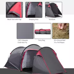 Outsunny 2-3 Person Tunnel Tent with Sewn-in Groundsheet, Air Vents, Rainfly, 2000mm Water Column, Camping Tent with 1 Bedroom, Inbuilt Porch, Living Area for Camping, Hiking, Grey - 6
