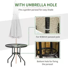 Outsunny Outdoor φ80cm Round Dining Table Tempered Glass Top Steel Frame Bistro Coffee End Side Table Garden w/ Parasol Hole - 4