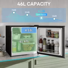 HOMCOM 46 Litre Table Top Mini Fridge, Small Fridge with Ice Box, Reversible Door, Adjustable Temperature and Legs for Bedrooms, Home Office, Silver Tone - 4