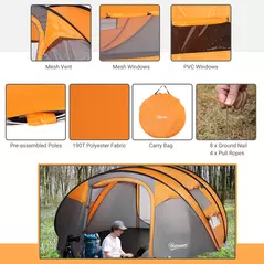 Outsunny 4 Person Pop-up Camping Tent Family Tent with Ground Sheet, 4 Windows and Portable Carry Bag for Beach Outdoor Trip, Orange - 7