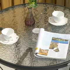 Outsunny Outdoor φ80cm Round Dining Table Tempered Glass Top Steel Frame Bistro Coffee End Side Table Garden w/ Parasol Hole - 8